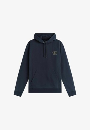 Navyblauer Baumwollhoodie mit einer Fronttasche, verstellbarem Kordelzug und goldbedrucktem Text "BUNDLERS EST 1956 ATHLETICS" auf der Brust.