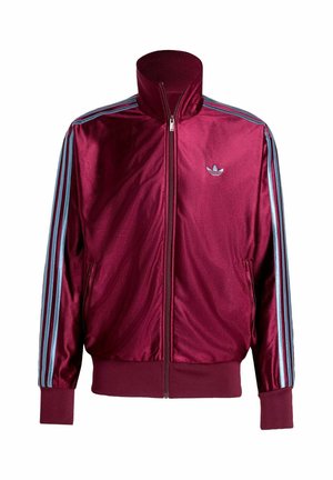 Burgundy satin bomber jacket with a high collar, blue side stripes, and zip front closure. Features an embroidered logo on the chest.