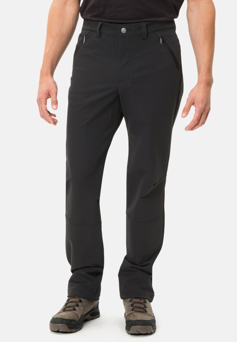 Pantaloni neri da esterno realizzati in un tessuto soft-shell liscio, con tasche frontali con zip, una vita aderente e cuciture rinforzate sulle ginocchia.