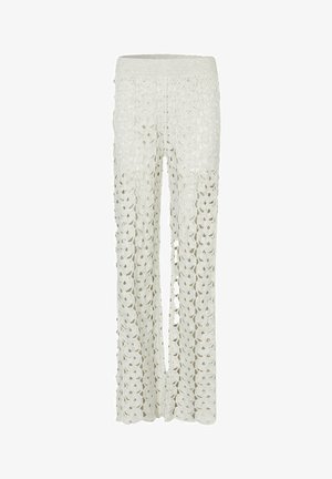 Spitzenweite Hose in Off-White mit einem gestrickten Bund. Der Stoff weist ein floral gemustertes Design mit offenen Details auf.
