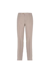 Pantaloni in lino beige con taglio dritto, dotati di un bottone frontale singolo, passanti per cintura e una consistenza liscia.