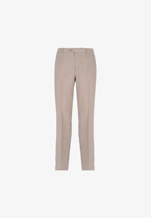 Pantaloni in lino beige con taglio dritto, dotati di un bottone frontale singolo, passanti per cintura e una consistenza liscia.