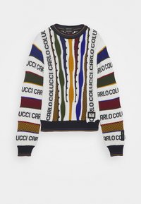 Knit sweater featuring a variety of colors and patterns, including stripes and textured designs, with a crew neck and ribbed cuffs.