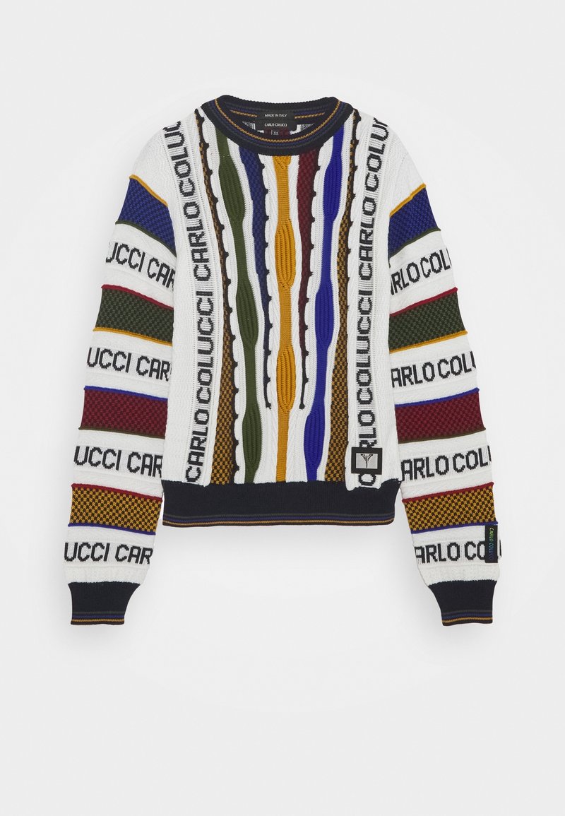 Knit sweater featuring a variety of colors and patterns, including stripes and textured designs, with a crew neck and ribbed cuffs.