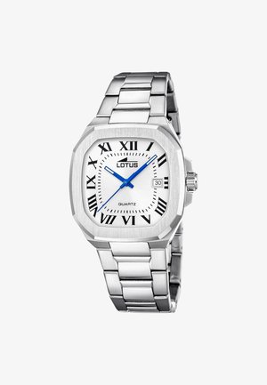 Orologio da polso Lotus in acciaio inox argento con quadrante quadrato bianco, lancette blu, numeri romani neri e display della data alle 3.