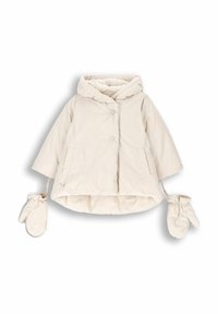 Beżowa kurtka pikowana z kapturem, zapięcie na guziki, dwie boczne kieszenie oraz przyczepiane rękawiczki na elastycznych paskach. Miękka, teksturowana podszewka.