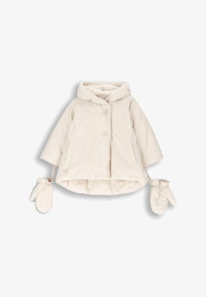 Beżowa kurtka pikowana z kapturem, zapięcie na guziki, dwie boczne kieszenie oraz przyczepiane rękawiczki na elastycznych paskach. Miękka, teksturowana podszewka.