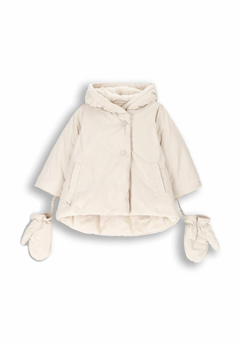 Beżowa kurtka pikowana z kapturem, zapięcie na guziki, dwie boczne kieszenie oraz przyczepiane rękawiczki na elastycznych paskach. Miękka, teksturowana podszewka.