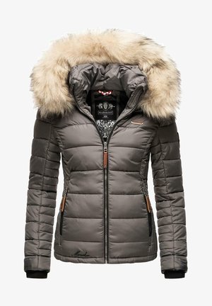 Giacca invernale imbottita grigia da donna con cappuccio bordato di pelliccia, cerniera frontale, tasche con zip e dettagli con logo sulla parte anteriore e sulla cerniera.