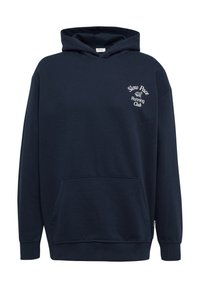 Tums zilgans kapuce ar kanga kabatu, ar baltu izšuvumu "Slow Pace Running Club" kreisajā krūtī, izgatavots no mīksta auduma.