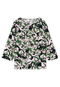 Blusa floreale con sfondo nero, decorata con fiori bianchi e foglie verdi. Collo tondo, maniche lunghe, tessuto fluido.