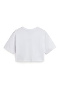 Kortærmet hvid t-shirt, rund hals, lavet af bomuld, glat tekstur, enkelt design, ingen mønstre eller udsmykninger synlige.