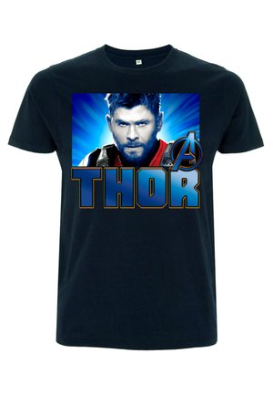 Zwarte katoenen T-shirt met een graphic van een personage op een blauwe achtergrond, tekst "THOR" en het Avengers-logo. Korte mouwen, reguliere pasvorm.