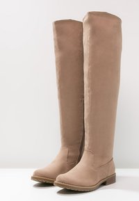 Botas de ante beige hasta la rodilla con suela plana, detalle de cremallera lateral, punta redondeada y textura suave. Diseño sencillo sin adornos.