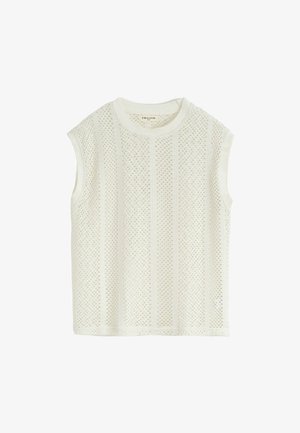 Débardeur tricoté blanc sans manches avec un motif en maille texturé, présentant des rayures verticales et un col rond. Matériau léger et respirant.