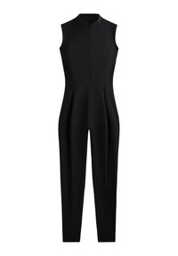 Zwarte mouwloze jumpsuit met een hoge kraag, rits aan de voorkant, taps toelopende benen en naaddetails voor een verfijnde pasvorm.