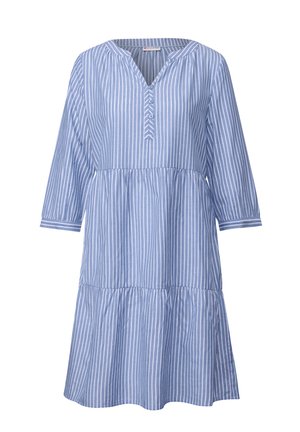 Raidallinen sininen mekko, jossa on V-pääntie, kolmannelta neljänneltä hihalta sekä kerroksellinen hame. Valmistettu kevyestä kankaasta, jossa on nappikoristelu.