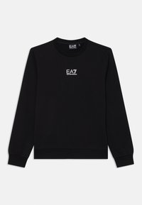 Schwarzer Sweatshirt aus Baumwollmischung, mit Rundhalsausschnitt, langen Ärmeln und kleinem weißen EA7-Logo auf der Brust. Schlichte Textur.