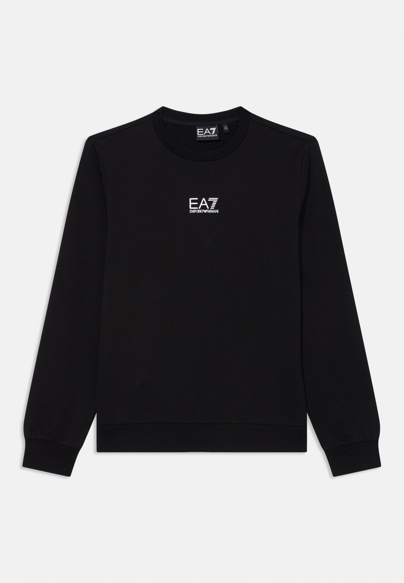 Sweatshirt preto em mistura de algodão, com decote redondo, mangas longas e um pequeno logo branco EA7 no peito. Textura lisa.