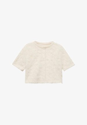 Witte kort geknipte jas van textuurstof met een bloemenpatroon, met korte mouwen en een ronde halslijn, met een sluiting met voorknopen.