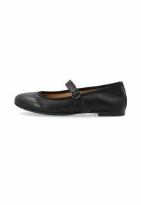 Black leather ballet flats with a rounded toe, a slim strap across the instep, and a flat rubber sole. Smooth texture and classic design.