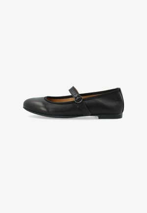 Ballerines en cuir noir avec un bout arrondi, une fine bride sur le cou-de-pied et une semelle en caoutchouc plate. Texture lisse et design classique.