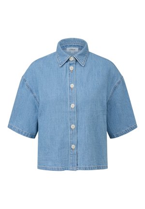 Kortärmelig lichtblauw denim overhemd met knopen, een kraag en zeven witte knopen aan de voorkant.