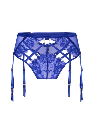 Blauwe kanten jarretel met bloemenpatronen, doorzichtige meshpanelen, decoratieve bandjes en vier verstelbare jarretelklemmen.