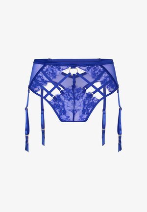 Jarretière en dentelle bleue avec motifs floraux, panneaux en résille transparente, bretelles décoratives et quatre pinces réglables.