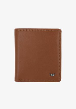 Portefeuille bifold en cuir marron avec couture visible et petit emblème argenté dans le coin inférieur droit sur fond blanc.