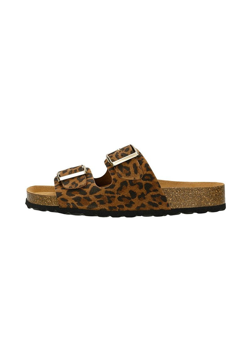Leopardenmuster-Sandalen mit zwei verstellbaren Schnallen, Korkfußbett und einer strukturierten schwarzen Gummisohle für guten Halt. Flaches Design, offene Zehen.
