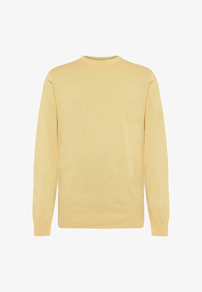 Pull uni jaune clair à manches longues avec col rond, poignets et ourlet côtelés, présenté sur fond blanc.