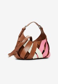 Brown leather handbag with pink and white woven accents, featuring a curved shape, a short handle, and a long adjustable strap.