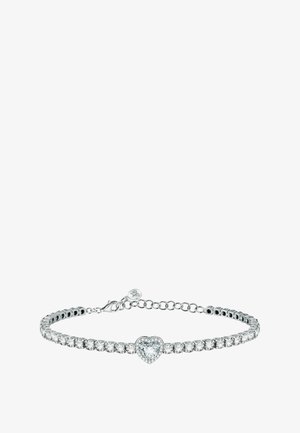Silberarmband mit runden klaren Steinen und einem zentralen herzförmigen Diamanten, ausgestattet mit einem verstellbaren Kettenverschluss.