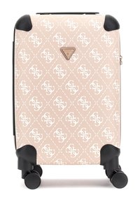 Valise rigide en pêche avec motif de logo blanc, roues noires et accents. Dispose d'une surface texturée et de coins protecteurs.