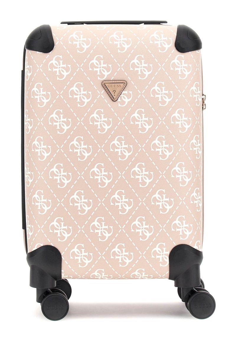 Valise rigide en pêche avec motif de logo blanc, roues noires et accents. Dispose d'une surface texturée et de coins protecteurs.