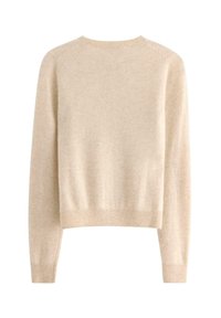 Maglione beige, corto, con maniche lunghe. Tessuto liscio e polsini a costine. Collo tondo semplice senza decorazioni.