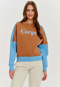 Brązowa i niebieska bluza w bloki kolorystyczne z napisem "Carpet" w jasnoniebieskim kolorze. Miękka tekstura, długie rękawy, elastyczne mankiety i dół.