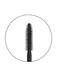Scovolino per mascara nero con forma affusolata e allungata. Presenta numerose setole di plastica progettate per un'applicazione precisa.
