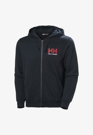 Granatowa bluza z kapturem, zapinana na zamek, wykonana z miękkiego materiału, z przednią kieszenią i czerwonym logo "HH". Wygodny krój z regulowanym kapturem.