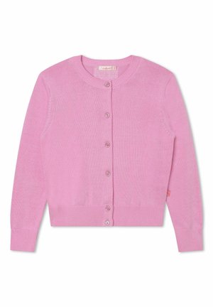 Lyserød strikket cardigan med lange ærmer, rund halsudskæring og seks knapper foran, med ribstrikkede manchetter og kant.