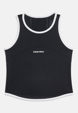 Maiou sport negru fără mâneci de la Nike Pro, cu margini albe în jurul gâtului și al deschiderilor pentru brațe, având inscripția „NIKE PRO” pe piept.