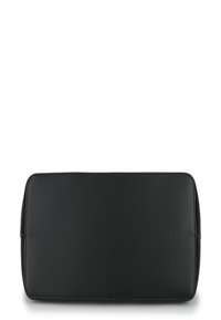 Black leather clutch bag featuring a rectangular shape, smooth texture, and clean edges. Minimalist design with no visible hardware or patterns.