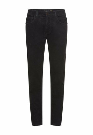 Black denim trousers with a slim fit, five pockets, and a zip-fly closure. Features subtle stitching and a smooth texture.