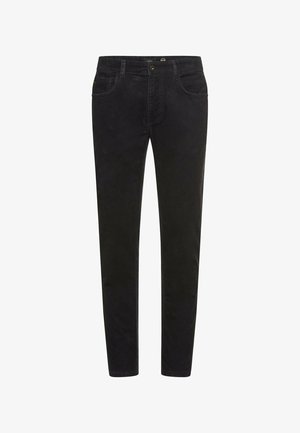 Sorte denim bukser med slim fit, fem lommer og lynlåsgylf. Har subtile syninger og en glat tekstur.