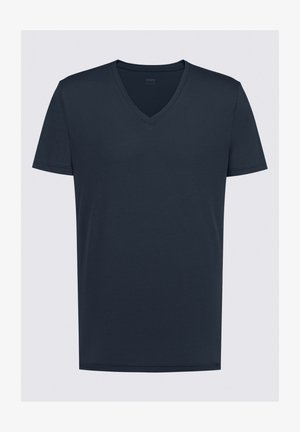 Marineblå V-hals t-shirt lavet af glat, let stof med korte ærmer og et enkelt, klassisk design. Ingen synlige mønstre eller accenter.