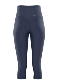 Tumši zili capri legingi ar augstu jostasvietu, izgatavoti no elastīga materiāla. I iekļauti smalki izšuvumi un neliels logotips uz gurniem.