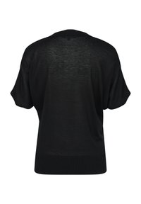 Schwarzer Pullover mit kurzen, weiten Ärmeln, geripptem Halsauschnitt und leicht lockerer Passform. Weiche Textur und minimalistische Designmerkmale.