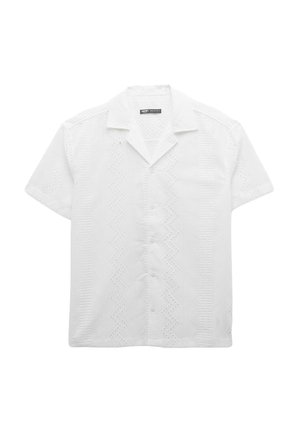 Short-sleeve white shirt featuring textured zigzag patterns, a button-down front, and a camp collar design.