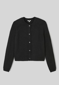 Cardigan noir en tricot avec un col rond, des manches longues et six boutons sur le devant. Texture douce et détails de bord-côte.